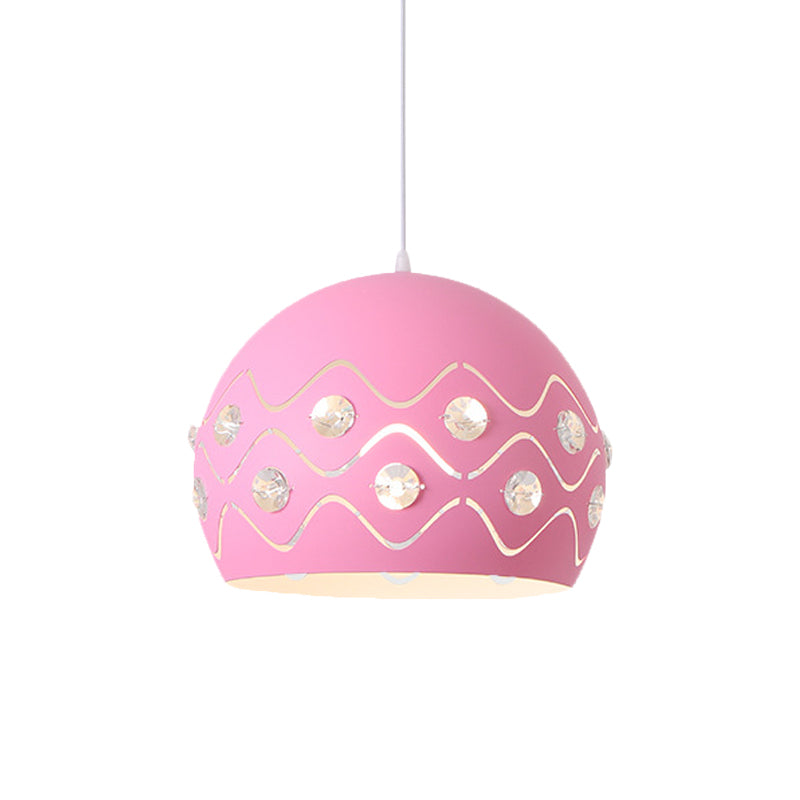 Cutouts Dome Shade Drop Pendant Macaron Iron 1-Light Pink/Blue/Green Suspension Lamp with Embedded Crystal Decor Clearhalo 'Ceiling Lights' 'Pendant Lights' 'Pendants' Lighting' 781700