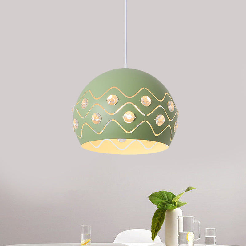 Cutouts Dome Shade Drop Pendant Macaron Iron 1-Light Pink/Blue/Green Suspension Lamp with Embedded Crystal Decor Green Clearhalo 'Ceiling Lights' 'Pendant Lights' 'Pendants' Lighting' 781702_2cf8ea5a-8b5c-4b39-89a0-dd30bf378927