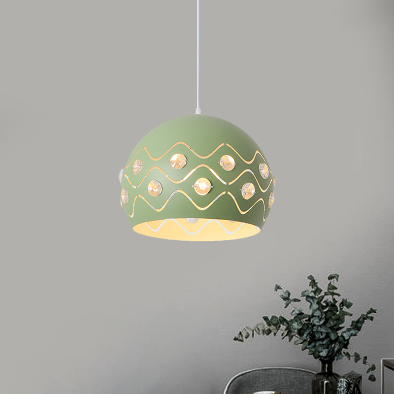 Cutouts Dome Shade Drop Pendant Macaron Iron 1-Light Pink/Blue/Green Suspension Lamp with Embedded Crystal Decor Clearhalo 'Ceiling Lights' 'Pendant Lights' 'Pendants' Lighting' 781703