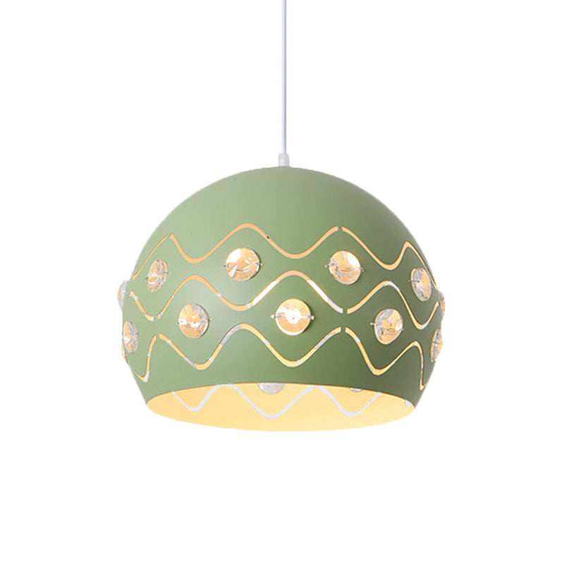 Cutouts Dome Shade Drop Pendant Macaron Iron 1-Light Pink/Blue/Green Suspension Lamp with Embedded Crystal Decor Clearhalo 'Ceiling Lights' 'Pendant Lights' 'Pendants' Lighting' 781705