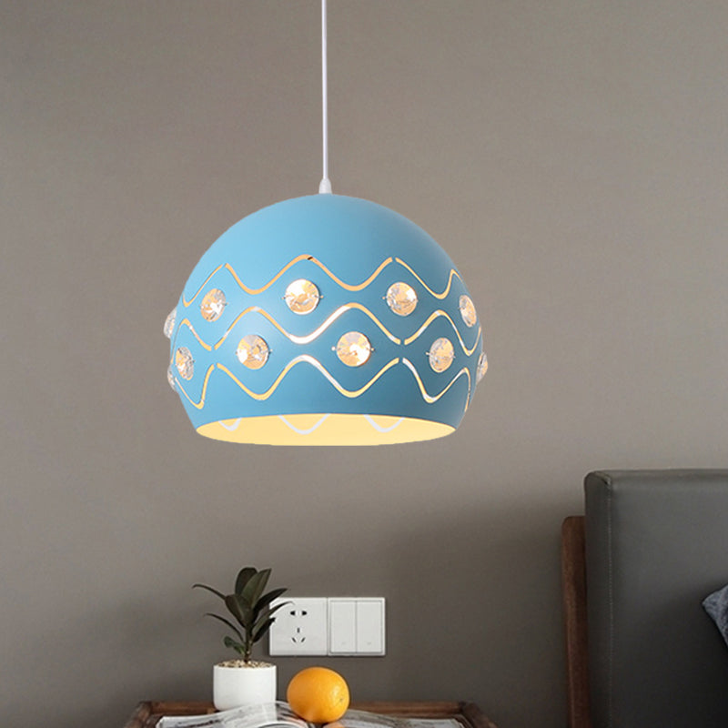 Cutouts Dome Shade Drop Pendant Macaron Iron 1-Light Pink/Blue/Green Suspension Lamp with Embedded Crystal Decor Clearhalo 'Ceiling Lights' 'Pendant Lights' 'Pendants' Lighting' 781706