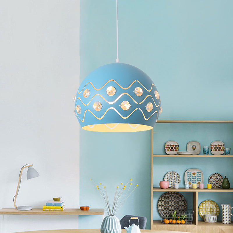 Cutouts Dome Shade Drop Pendant Macaron Iron 1-Light Pink/Blue/Green Suspension Lamp with Embedded Crystal Decor Clearhalo 'Ceiling Lights' 'Pendant Lights' 'Pendants' Lighting' 781707