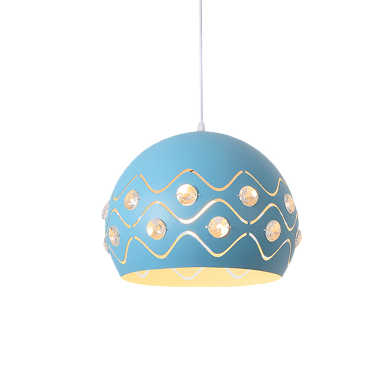 Cutouts Dome Shade Drop Pendant Macaron Iron 1-Light Pink/Blue/Green Suspension Lamp with Embedded Crystal Decor Clearhalo 'Ceiling Lights' 'Pendant Lights' 'Pendants' Lighting' 781709