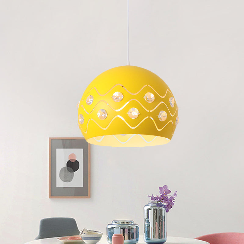 Cutouts Dome Shade Drop Pendant Macaron Iron 1-Light Pink/Blue/Green Suspension Lamp with Embedded Crystal Decor Clearhalo 'Ceiling Lights' 'Pendant Lights' 'Pendants' Lighting' 781710