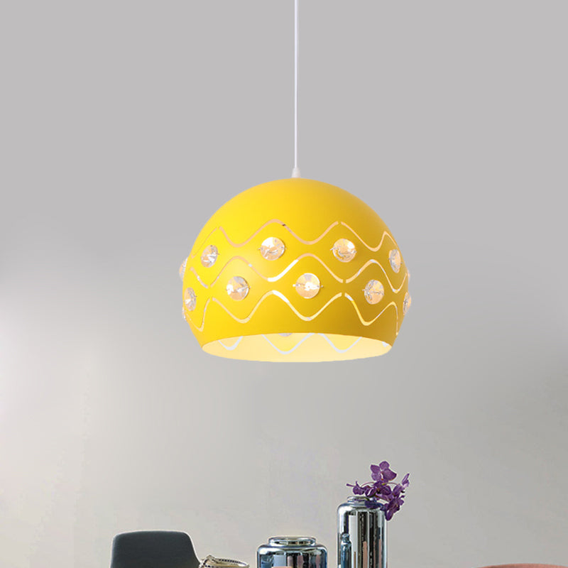 Cutouts Dome Shade Drop Pendant Macaron Iron 1-Light Pink/Blue/Green Suspension Lamp with Embedded Crystal Decor Clearhalo 'Ceiling Lights' 'Pendant Lights' 'Pendants' Lighting' 781711