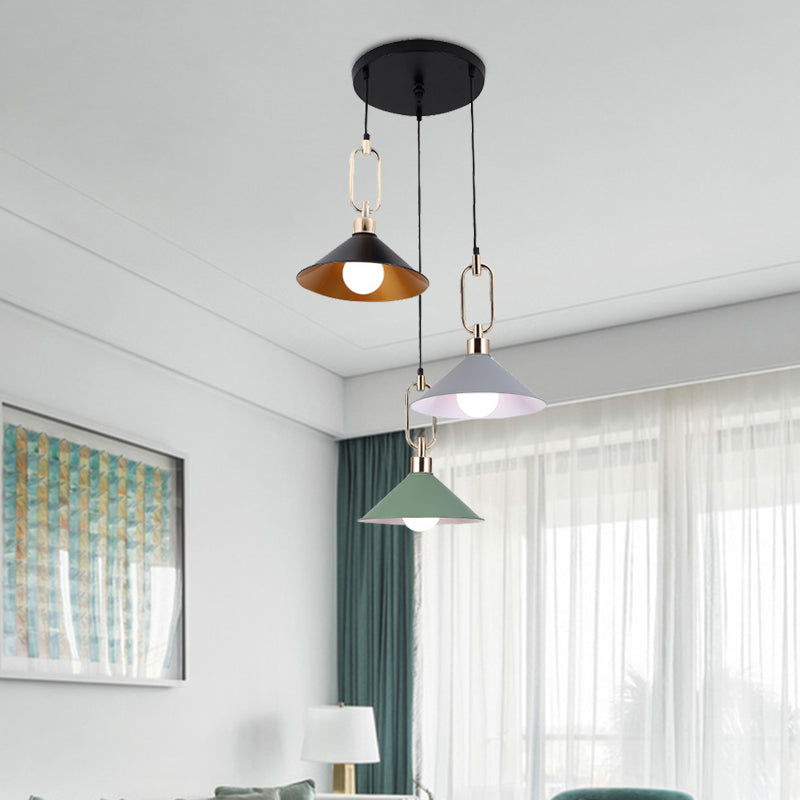 Colorful Flare Multi Light Pendant Macaron 3 Bulbs Iron Hanging Lamp with Black Round/Linear Canopy Black Round Clearhalo 'Ceiling Lights' 'Pendant Lights' 'Pendants' Lighting' 781718_03e641e6-fe60-40c2-bfa3-cf899060f9a7