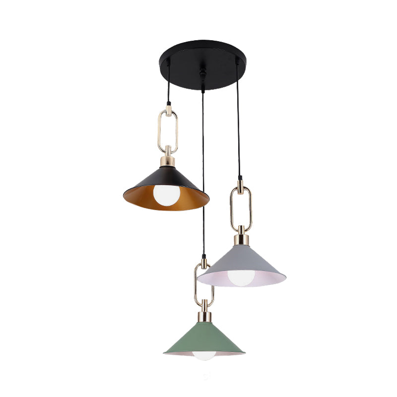 Colorful Flare Multi Light Pendant Macaron 3 Bulbs Iron Hanging Lamp with Black Round/Linear Canopy Clearhalo 'Ceiling Lights' 'Pendant Lights' 'Pendants' Lighting' 781719