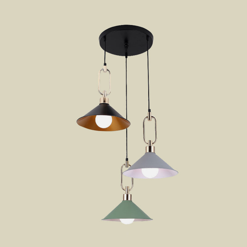 Colorful Flare Multi Light Pendant Macaron 3 Bulbs Iron Hanging Lamp with Black Round/Linear Canopy Clearhalo 'Ceiling Lights' 'Pendant Lights' 'Pendants' Lighting' 781720