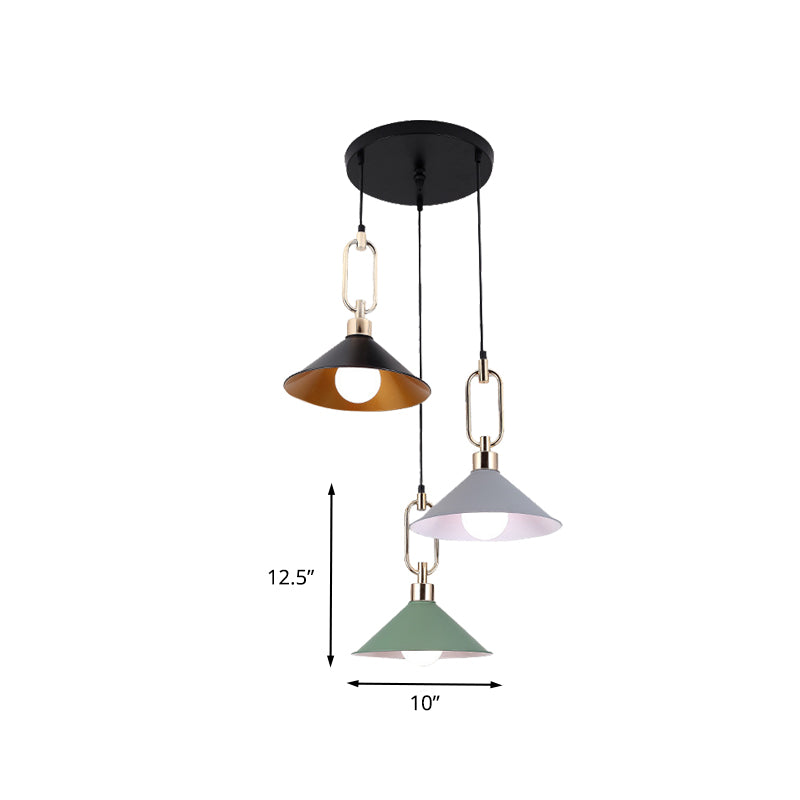 Colorful Flare Multi Light Pendant Macaron 3 Bulbs Iron Hanging Lamp with Black Round/Linear Canopy Clearhalo 'Ceiling Lights' 'Pendant Lights' 'Pendants' Lighting' 781721