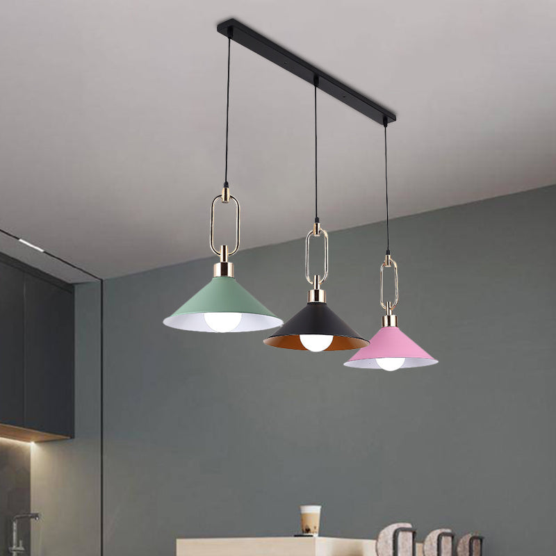 Colorful Flare Multi Light Pendant Macaron 3 Bulbs Iron Hanging Lamp with Black Round/Linear Canopy Clearhalo 'Ceiling Lights' 'Pendant Lights' 'Pendants' Lighting' 781722