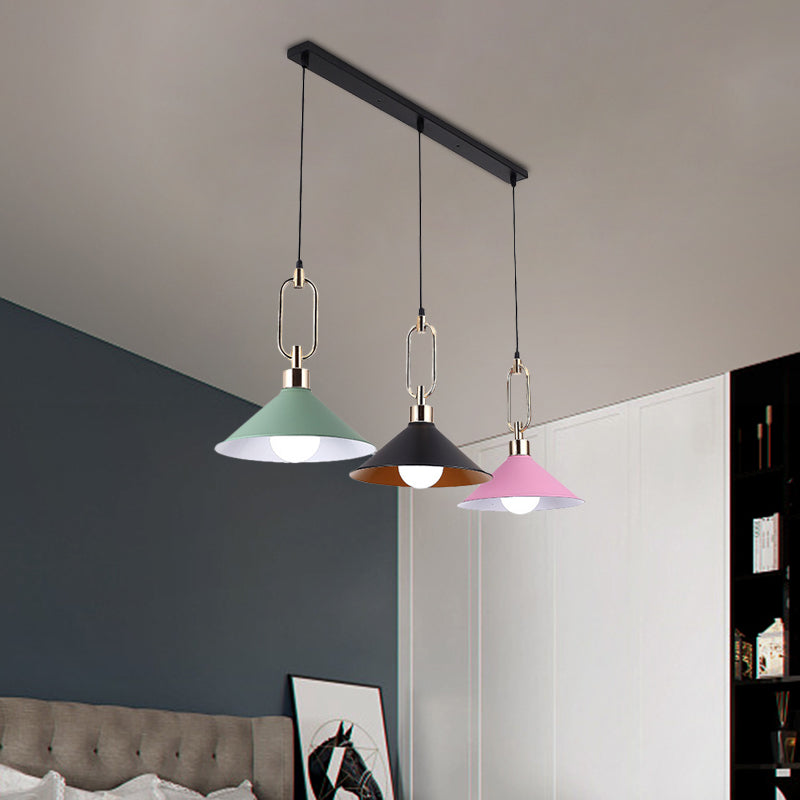 Colorful Flare Multi Light Pendant Macaron 3 Bulbs Iron Hanging Lamp with Black Round/Linear Canopy Clearhalo 'Ceiling Lights' 'Pendant Lights' 'Pendants' Lighting' 781723