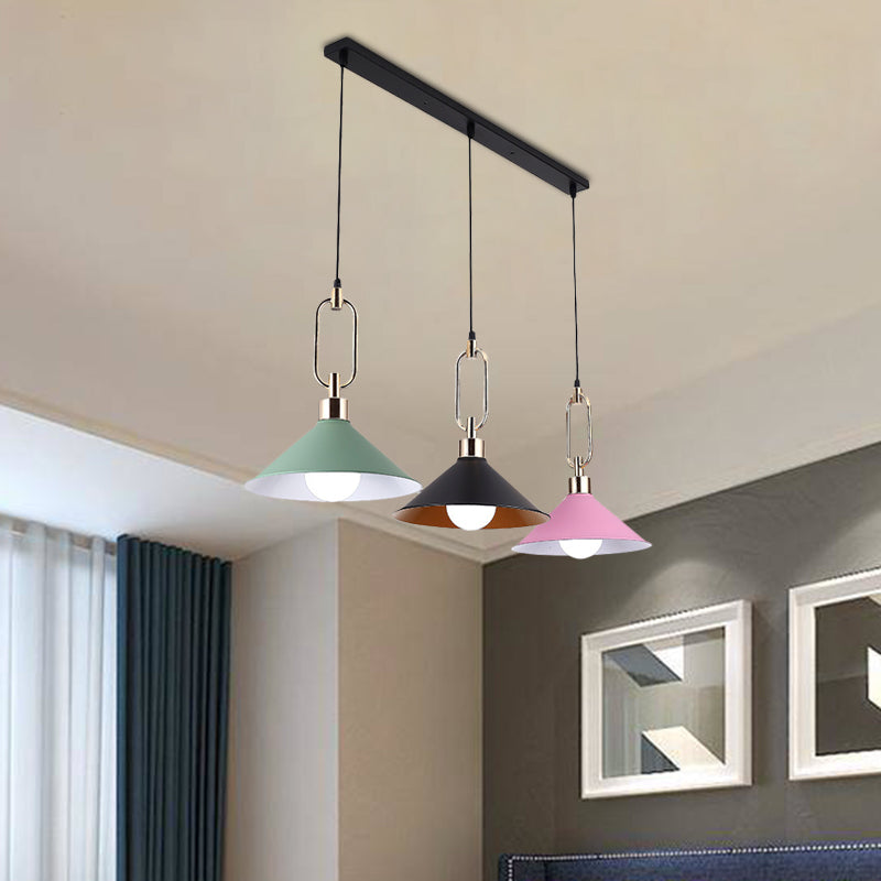 Colorful Flare Multi Light Pendant Macaron 3 Bulbs Iron Hanging Lamp with Black Round/Linear Canopy Clearhalo 'Ceiling Lights' 'Pendant Lights' 'Pendants' Lighting' 781724