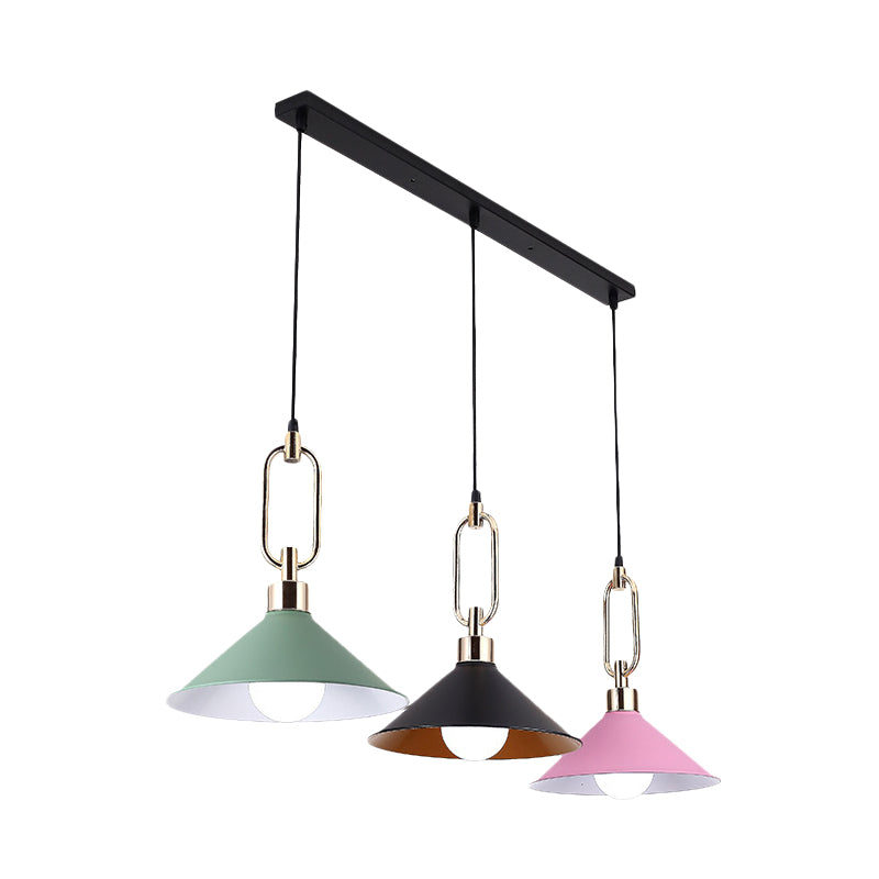 Colorful Flare Multi Light Pendant Macaron 3 Bulbs Iron Hanging Lamp with Black Round/Linear Canopy Clearhalo 'Ceiling Lights' 'Pendant Lights' 'Pendants' Lighting' 781725