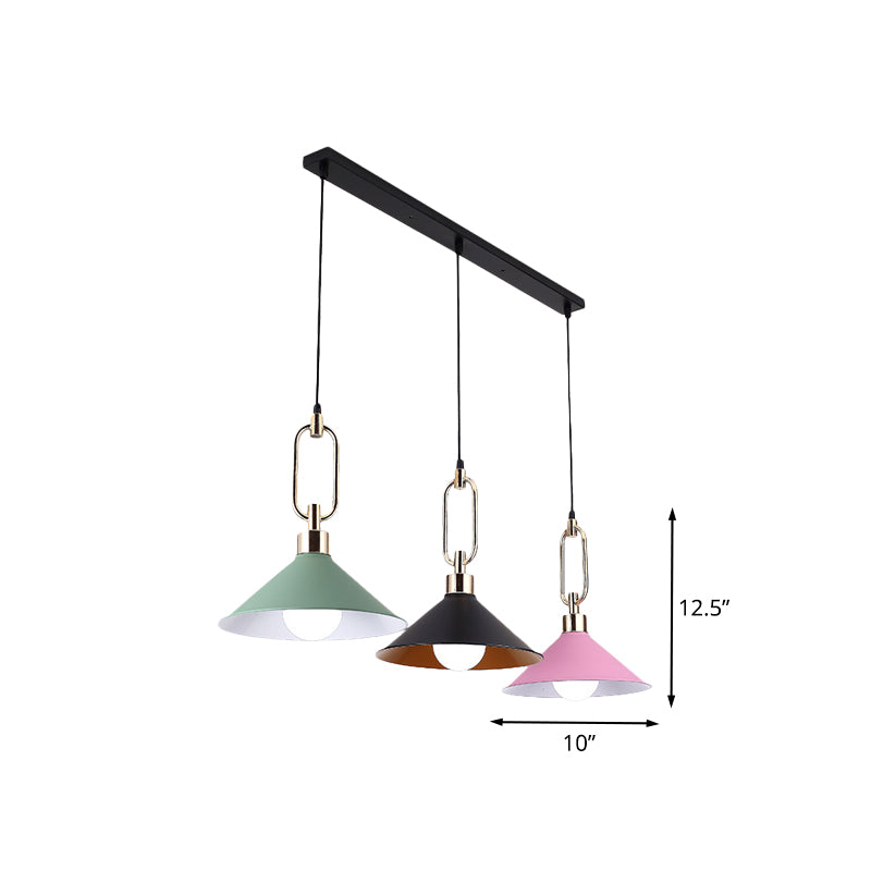 Colorful Flare Multi Light Pendant Macaron 3 Bulbs Iron Hanging Lamp with Black Round/Linear Canopy Clearhalo 'Ceiling Lights' 'Pendant Lights' 'Pendants' Lighting' 781726