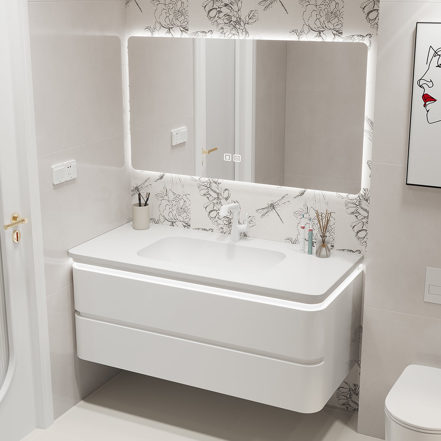 Wall Mount Modern Bathroom Vanity Set with Mirror Faucet Sink Vanity & Faucet & Smart Mirror Clearhalo 'Bathroom Remodel & Bathroom Fixtures' 'Bathroom Vanities' 'bathroom_vanities' 'Home Improvement' 'home_improvement' 'home_improvement_bathroom_vanities' 7817721