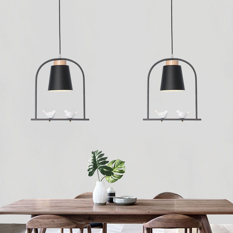 Iron Bucket Pendulum Light Macaron 1 Head Grey/Yellow/Pink Hanging Lamp Kit with Arch Frame and Bird Decor Black Clearhalo 'Ceiling Lights' 'Pendant Lights' 'Pendants' Lighting' 781773_8dd297c2-7b39-4ac9-9e88-830600963d3c