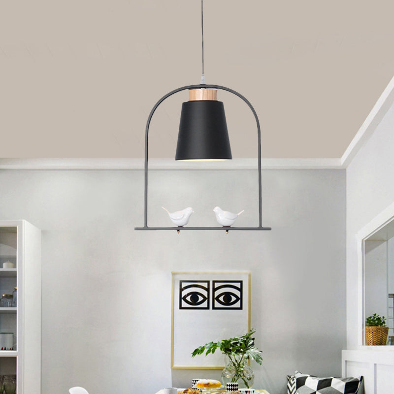 Iron Bucket Pendulum Light Macaron 1 Head Grey/Yellow/Pink Hanging Lamp Kit with Arch Frame and Bird Decor Clearhalo 'Ceiling Lights' 'Pendant Lights' 'Pendants' Lighting' 781774