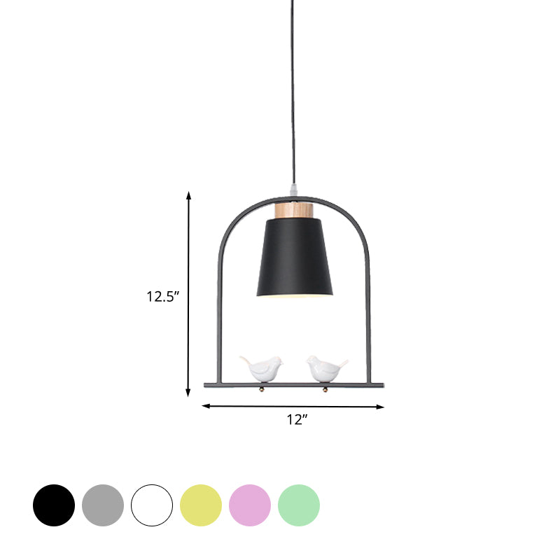 Iron Bucket Pendulum Light Macaron 1 Head Grey/Yellow/Pink Hanging Lamp Kit with Arch Frame and Bird Decor Clearhalo 'Ceiling Lights' 'Pendant Lights' 'Pendants' Lighting' 781776