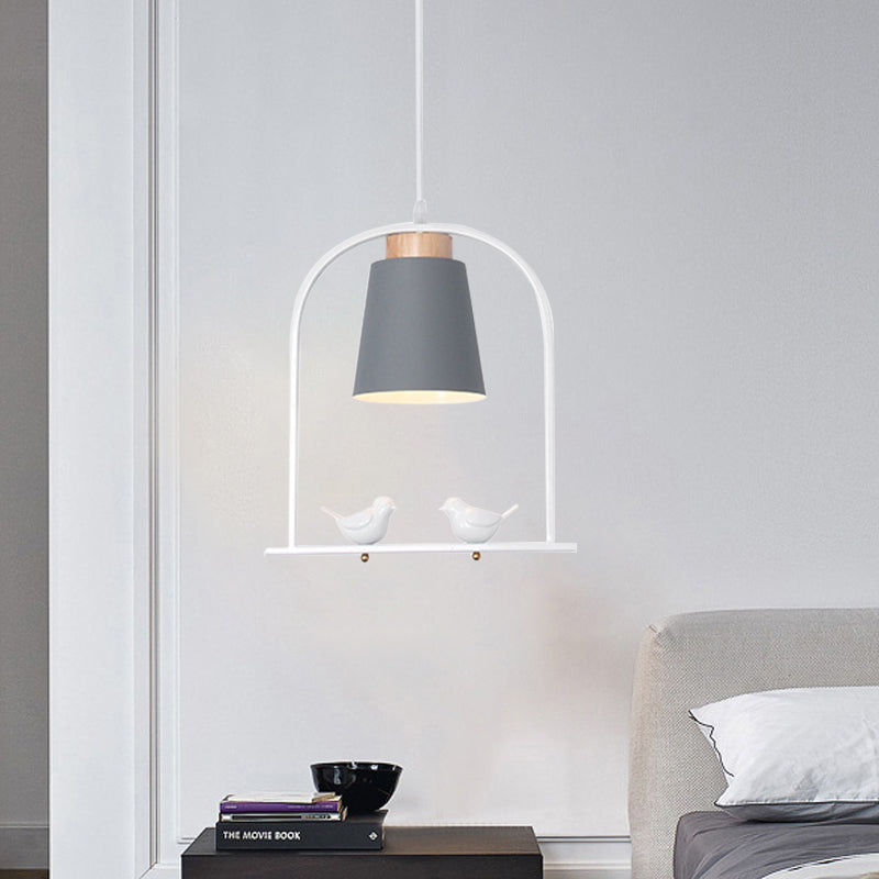 Iron Bucket Pendulum Light Macaron 1 Head Grey/Yellow/Pink Hanging Lamp Kit with Arch Frame and Bird Decor Grey Clearhalo 'Ceiling Lights' 'Pendant Lights' 'Pendants' Lighting' 781777_bf7040c6-7be1-4c22-a531-fedb374ff9d4