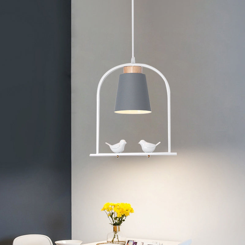 Iron Bucket Pendulum Light Macaron 1 Head Grey/Yellow/Pink Hanging Lamp Kit with Arch Frame and Bird Decor Clearhalo 'Ceiling Lights' 'Pendant Lights' 'Pendants' Lighting' 781778