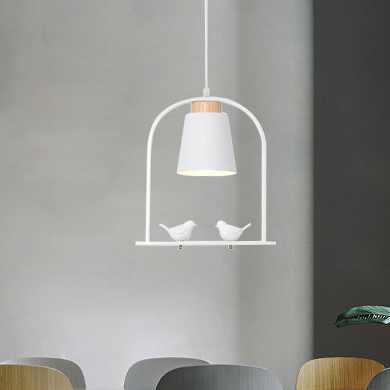 Iron Bucket Pendulum Light Macaron 1 Head Grey/Yellow/Pink Hanging Lamp Kit with Arch Frame and Bird Decor White Clearhalo 'Ceiling Lights' 'Pendant Lights' 'Pendants' Lighting' 781781_d42fc7f8-da1b-4586-b758-a78a18d08452