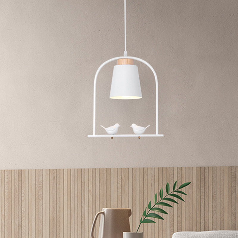 Iron Bucket Pendulum Light Macaron 1 Head Grey/Yellow/Pink Hanging Lamp Kit with Arch Frame and Bird Decor Clearhalo 'Ceiling Lights' 'Pendant Lights' 'Pendants' Lighting' 781782