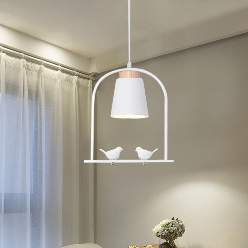 Iron Bucket Pendulum Light Macaron 1 Head Grey/Yellow/Pink Hanging Lamp Kit with Arch Frame and Bird Decor Clearhalo 'Ceiling Lights' 'Pendant Lights' 'Pendants' Lighting' 781783