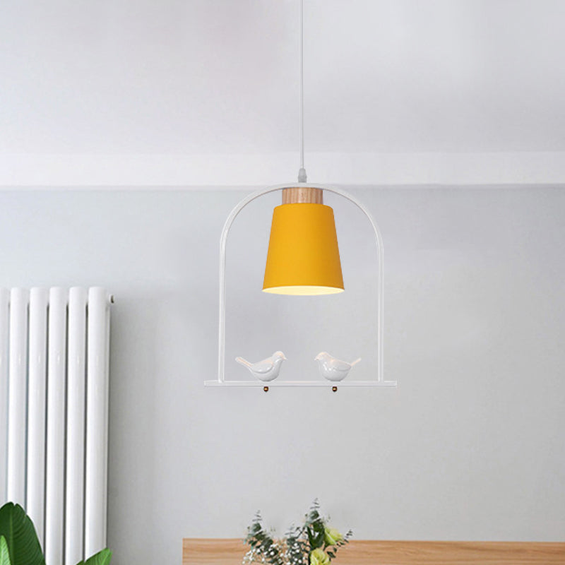 Iron Bucket Pendulum Light Macaron 1 Head Grey/Yellow/Pink Hanging Lamp Kit with Arch Frame and Bird Decor Clearhalo 'Ceiling Lights' 'Pendant Lights' 'Pendants' Lighting' 781785