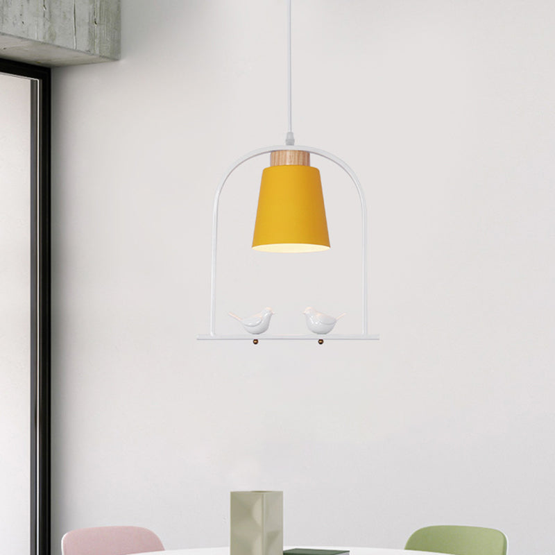 Iron Bucket Pendulum Light Macaron 1 Head Grey/Yellow/Pink Hanging Lamp Kit with Arch Frame and Bird Decor Clearhalo 'Ceiling Lights' 'Pendant Lights' 'Pendants' Lighting' 781786