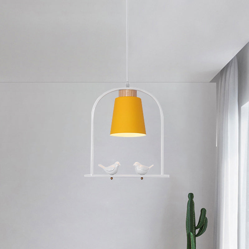 Iron Bucket Pendulum Light Macaron 1 Head Grey/Yellow/Pink Hanging Lamp Kit with Arch Frame and Bird Decor Clearhalo 'Ceiling Lights' 'Pendant Lights' 'Pendants' Lighting' 781787