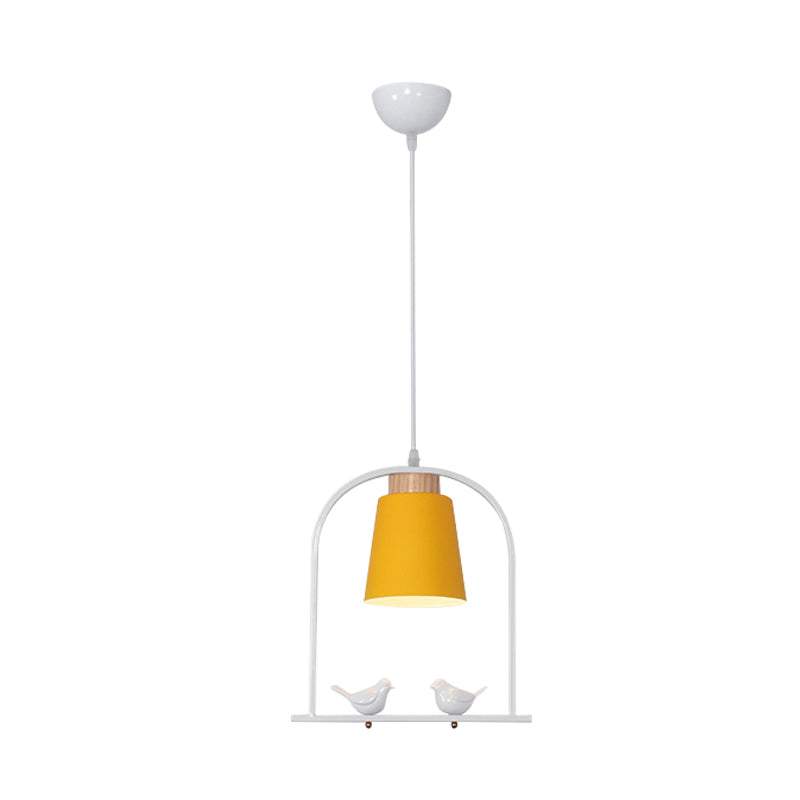 Iron Bucket Pendulum Light Macaron 1 Head Grey/Yellow/Pink Hanging Lamp Kit with Arch Frame and Bird Decor Clearhalo 'Ceiling Lights' 'Pendant Lights' 'Pendants' Lighting' 781788