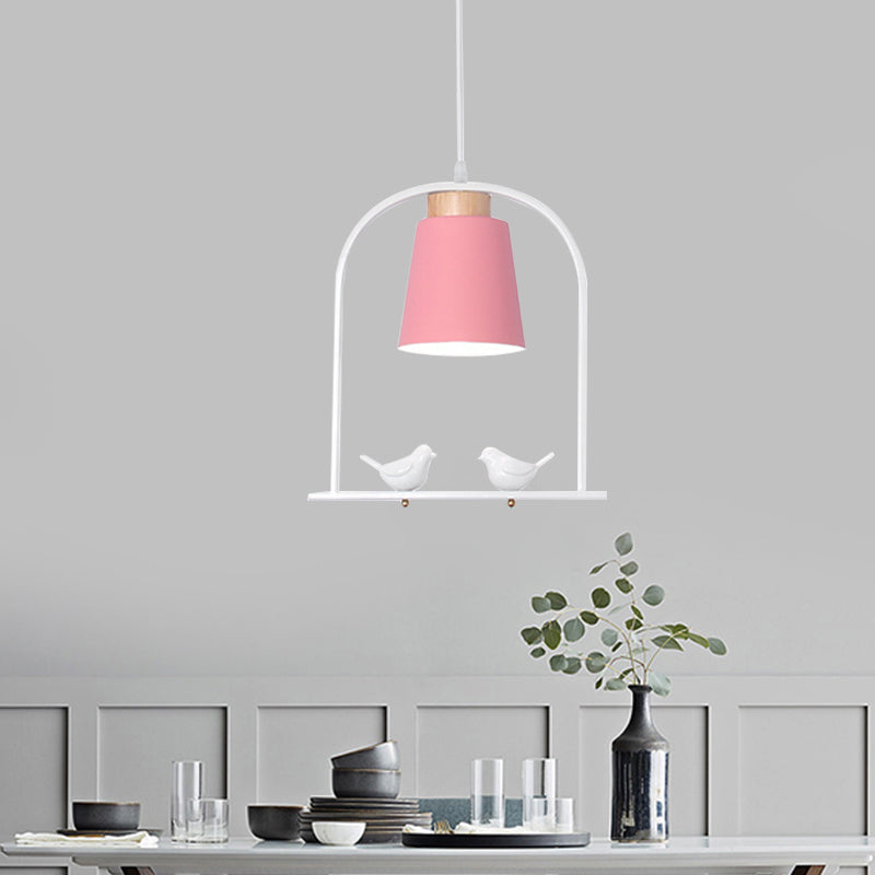 Iron Bucket Pendulum Light Macaron 1 Head Grey/Yellow/Pink Hanging Lamp Kit with Arch Frame and Bird Decor Pink Clearhalo 'Ceiling Lights' 'Pendant Lights' 'Pendants' Lighting' 781789_737d9d85-249f-479a-85dd-eb53826b7757