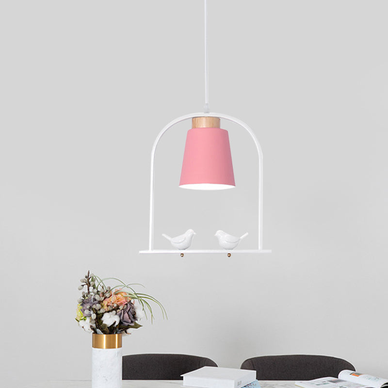 Iron Bucket Pendulum Light Macaron 1 Head Grey/Yellow/Pink Hanging Lamp Kit with Arch Frame and Bird Decor Clearhalo 'Ceiling Lights' 'Pendant Lights' 'Pendants' Lighting' 781790