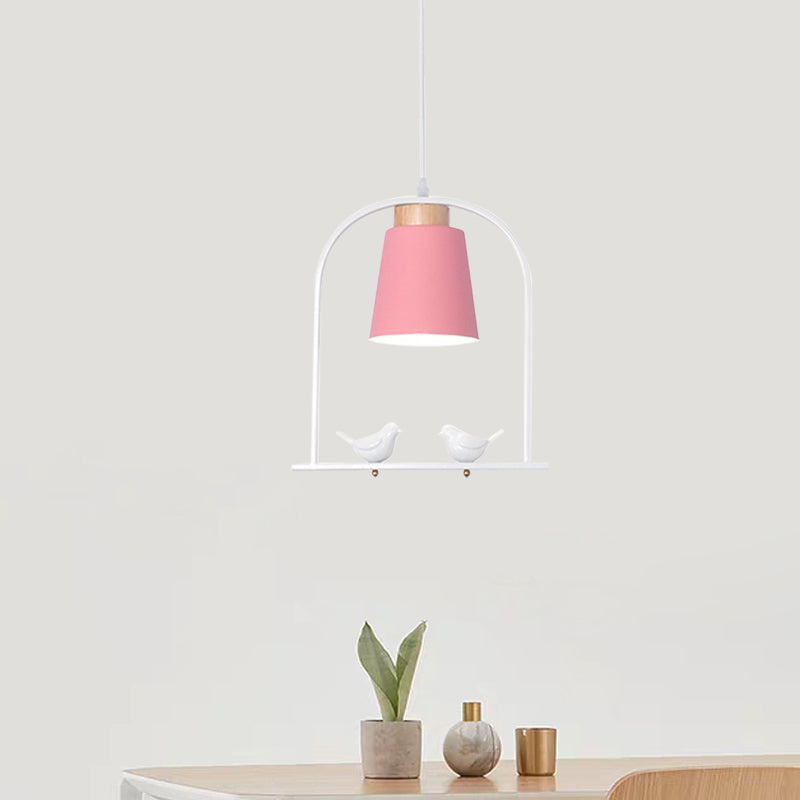 Iron Bucket Pendulum Light Macaron 1 Head Grey/Yellow/Pink Hanging Lamp Kit with Arch Frame and Bird Decor Clearhalo 'Ceiling Lights' 'Pendant Lights' 'Pendants' Lighting' 781791