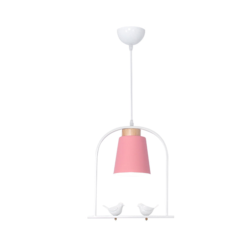 Iron Bucket Pendulum Light Macaron 1 Head Grey/Yellow/Pink Hanging Lamp Kit with Arch Frame and Bird Decor Clearhalo 'Ceiling Lights' 'Pendant Lights' 'Pendants' Lighting' 781792