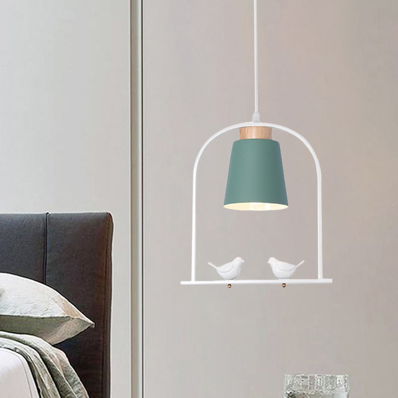 Iron Bucket Pendulum Light Macaron 1 Head Grey/Yellow/Pink Hanging Lamp Kit with Arch Frame and Bird Decor Clearhalo 'Ceiling Lights' 'Pendant Lights' 'Pendants' Lighting' 781793