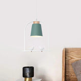 Iron Bucket Pendulum Light Macaron 1 Head Grey/Yellow/Pink Hanging Lamp Kit with Arch Frame and Bird Decor Clearhalo 'Ceiling Lights' 'Pendant Lights' 'Pendants' Lighting' 781794