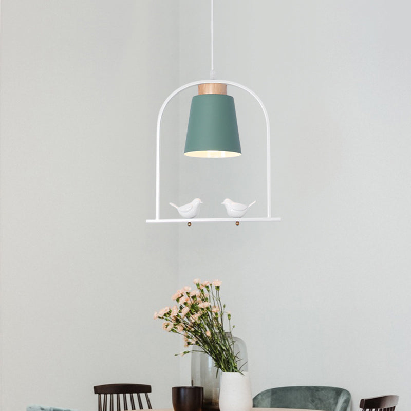 Iron Bucket Pendulum Light Macaron 1 Head Grey/Yellow/Pink Hanging Lamp Kit with Arch Frame and Bird Decor Clearhalo 'Ceiling Lights' 'Pendant Lights' 'Pendants' Lighting' 781795