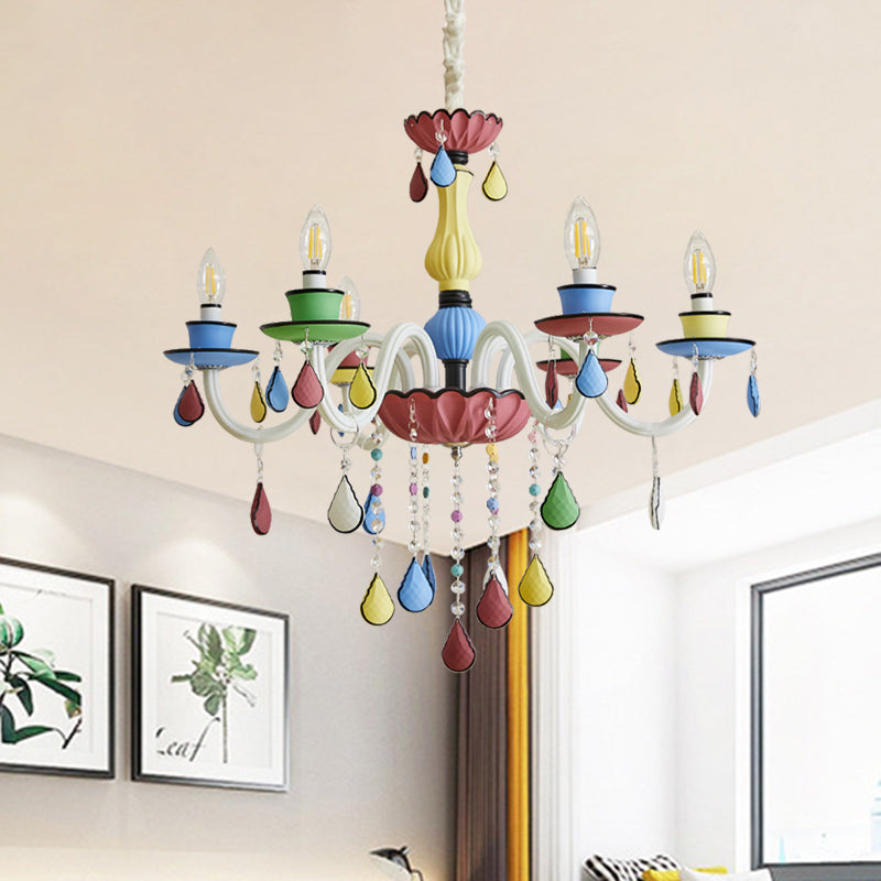 Crystal Candelabra Chandelier Macaron 5/6/8 Lights Blue-Pink-Yellow Hanging Pendant with Cascading Drape Clearhalo 'Ceiling Lights' 'Chandeliers' Lighting' options 781810