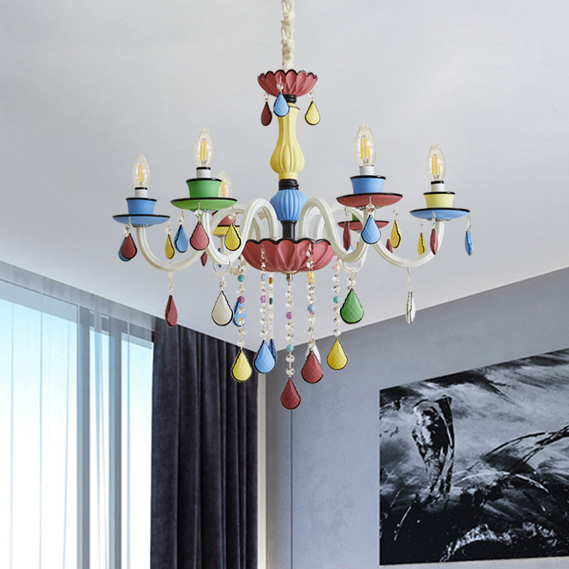 Crystal Candelabra Chandelier Macaron 5/6/8 Lights Blue-Pink-Yellow Hanging Pendant with Cascading Drape Clearhalo 'Ceiling Lights' 'Chandeliers' Lighting' options 781812