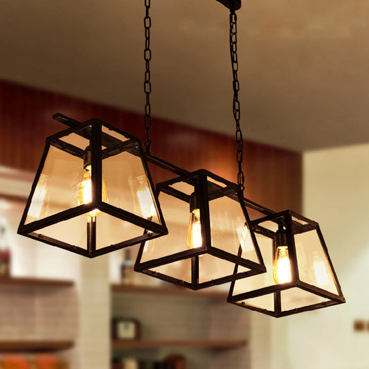 Black 3 Bulbs Island Pendant Light Countryside Clear Glass Trapezoid Hanging Lamp Kit Black Clearhalo 'Ceiling Lights' 'Close To Ceiling Lights' 'Glass shade' 'Glass' 'Island Lights' Lighting' 781820