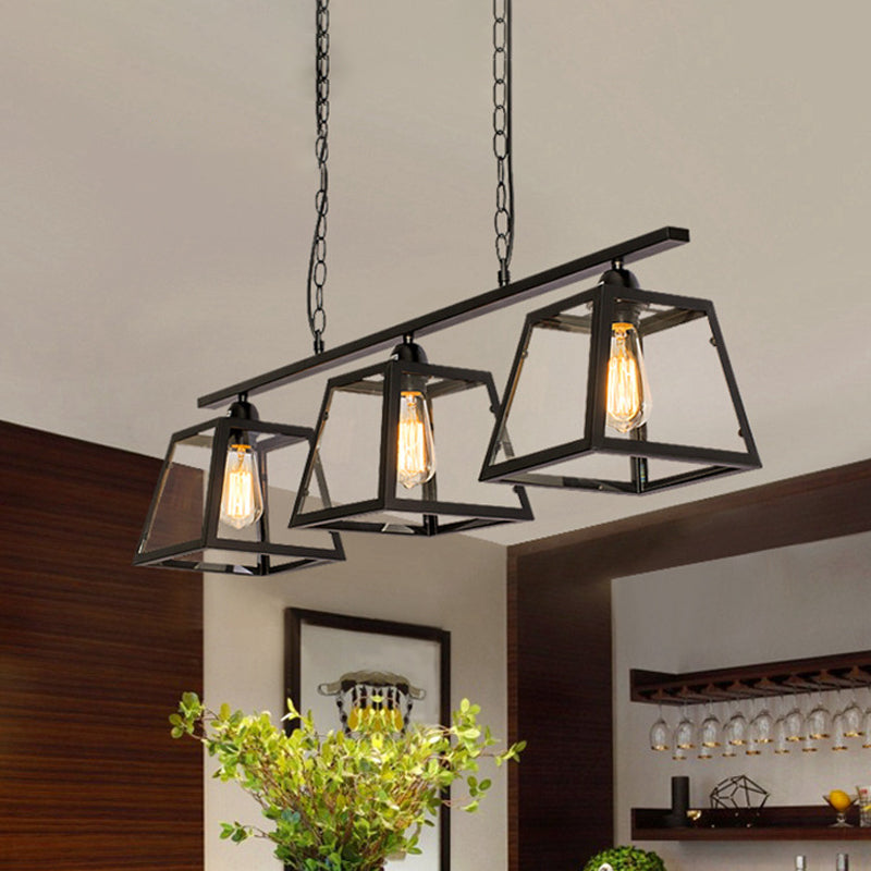 Black 3 Bulbs Island Pendant Light Countryside Clear Glass Trapezoid Hanging Lamp Kit Clearhalo 'Ceiling Lights' 'Close To Ceiling Lights' 'Glass shade' 'Glass' 'Island Lights' Lighting' 781821