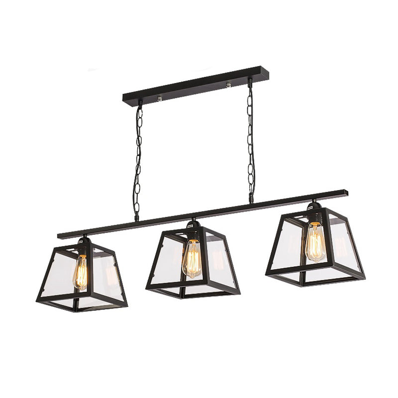 Black 3 Bulbs Island Pendant Light Countryside Clear Glass Trapezoid Hanging Lamp Kit Clearhalo 'Ceiling Lights' 'Close To Ceiling Lights' 'Glass shade' 'Glass' 'Island Lights' Lighting' 781822