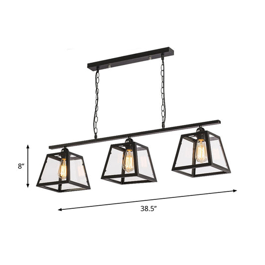 Black 3 Bulbs Island Pendant Light Countryside Clear Glass Trapezoid Hanging Lamp Kit Clearhalo 'Ceiling Lights' 'Close To Ceiling Lights' 'Glass shade' 'Glass' 'Island Lights' Lighting' 781823