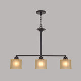 Tan Glass Small Drum Island Light Fixture Traditional 3 Heads Dining Room Pendulum Lamp in Black Clearhalo 'Ceiling Lights' 'Chandeliers' 'Glass shade' 'Glass' 'Island Lights' Lighting' 781826