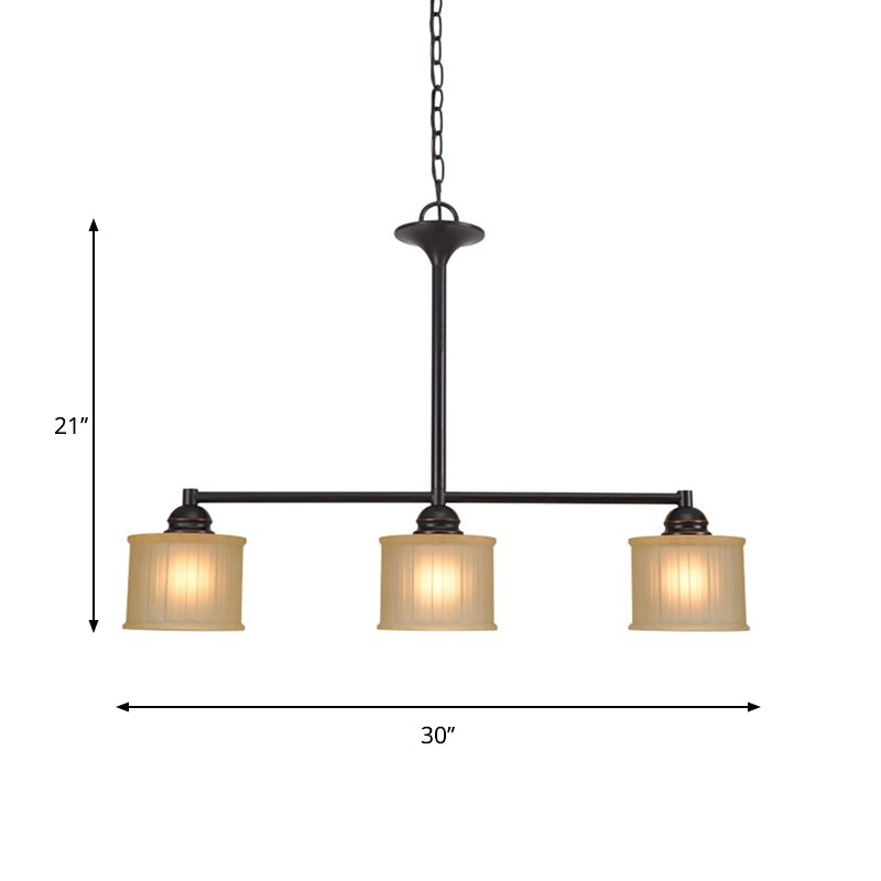 Tan Glass Small Drum Island Light Fixture Traditional 3 Heads Dining Room Pendulum Lamp in Black Clearhalo 'Ceiling Lights' 'Chandeliers' 'Glass shade' 'Glass' 'Island Lights' Lighting' 781827