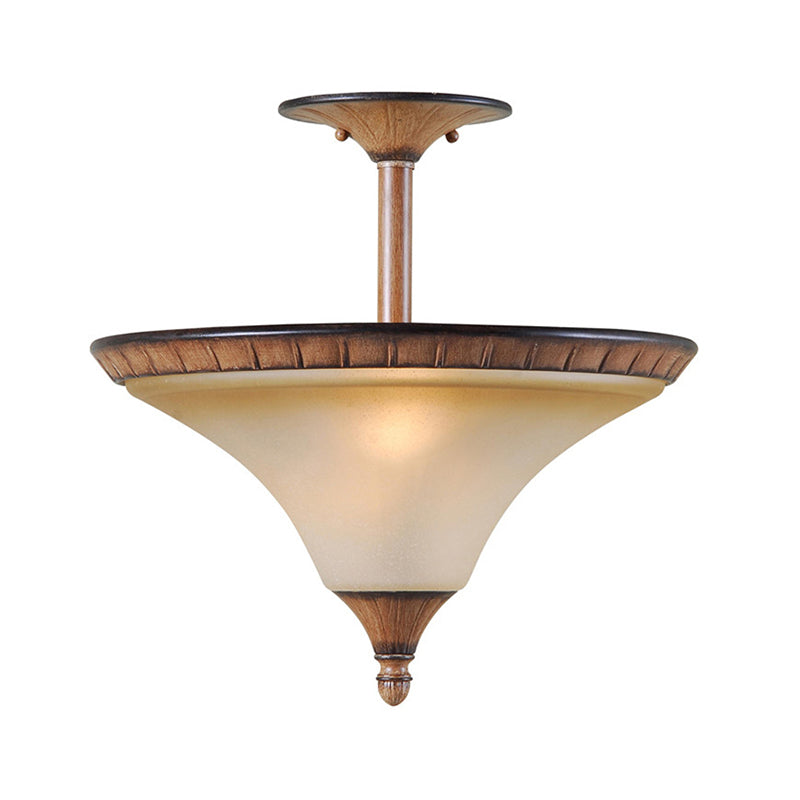 Farmhouse Cone Semi Flush Lighting 2-Head Tan Glass Flush Ceiling Lamp Fixture in Wood Clearhalo 'Ceiling Lights' 'Close To Ceiling Lights' 'Close to ceiling' 'Semi-flushmount' Lighting' 781838