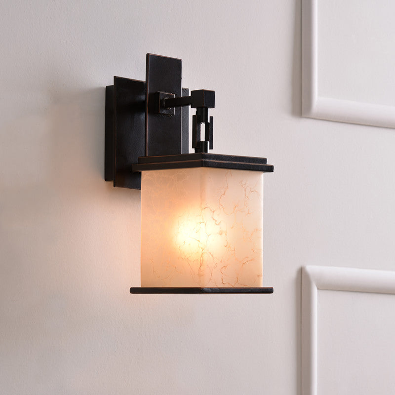 Black 1 Head Wall Lighting Farmhouse Tan Crackled Glass Cuboid Wall Mount Lamp Fixture Black Clearhalo 'Wall Lamps & Sconces' 'Wall Lights' Lighting' 781852