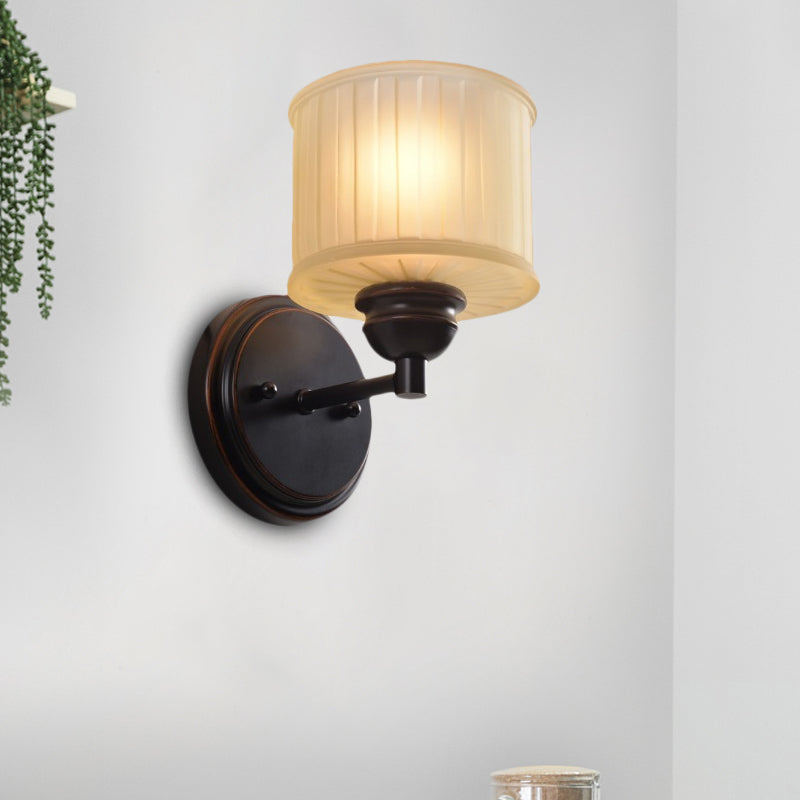 1 Bulb Small Drum Sconce Lighting Country Style Black Finish Tan Glass Wall Mounted Lamp Black Clearhalo 'Wall Lamps & Sconces' 'Wall Lights' Lighting' 781856