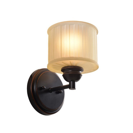 1 Bulb Small Drum Sconce Lighting Country Style Black Finish Tan Glass Wall Mounted Lamp Clearhalo 'Wall Lamps & Sconces' 'Wall Lights' Lighting' 781857